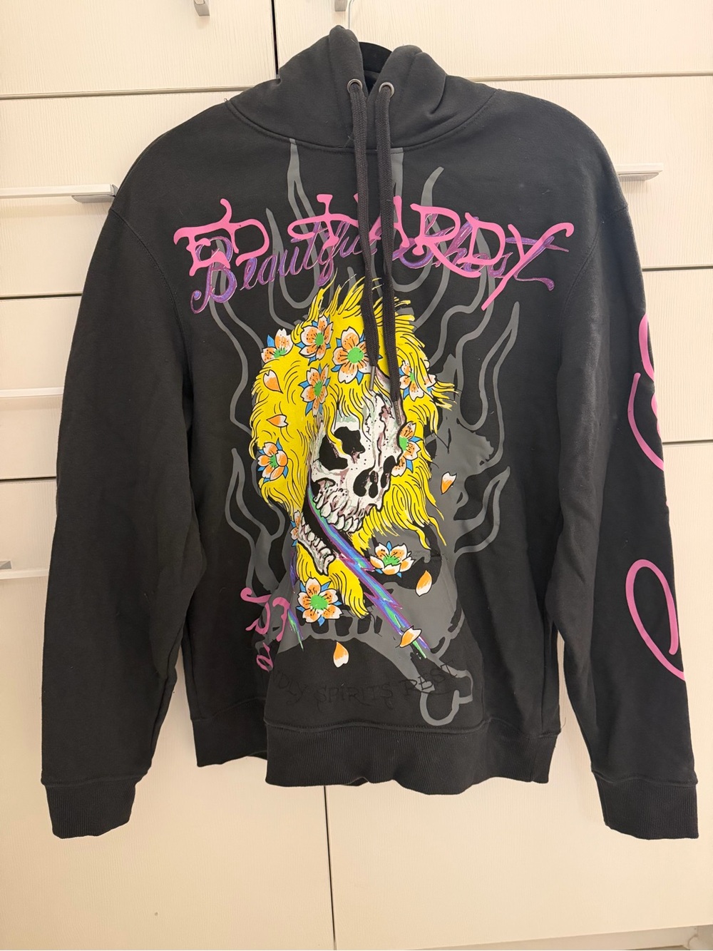 Ed Hardy Black Hoodie with Yellow Floral Skull Graphic